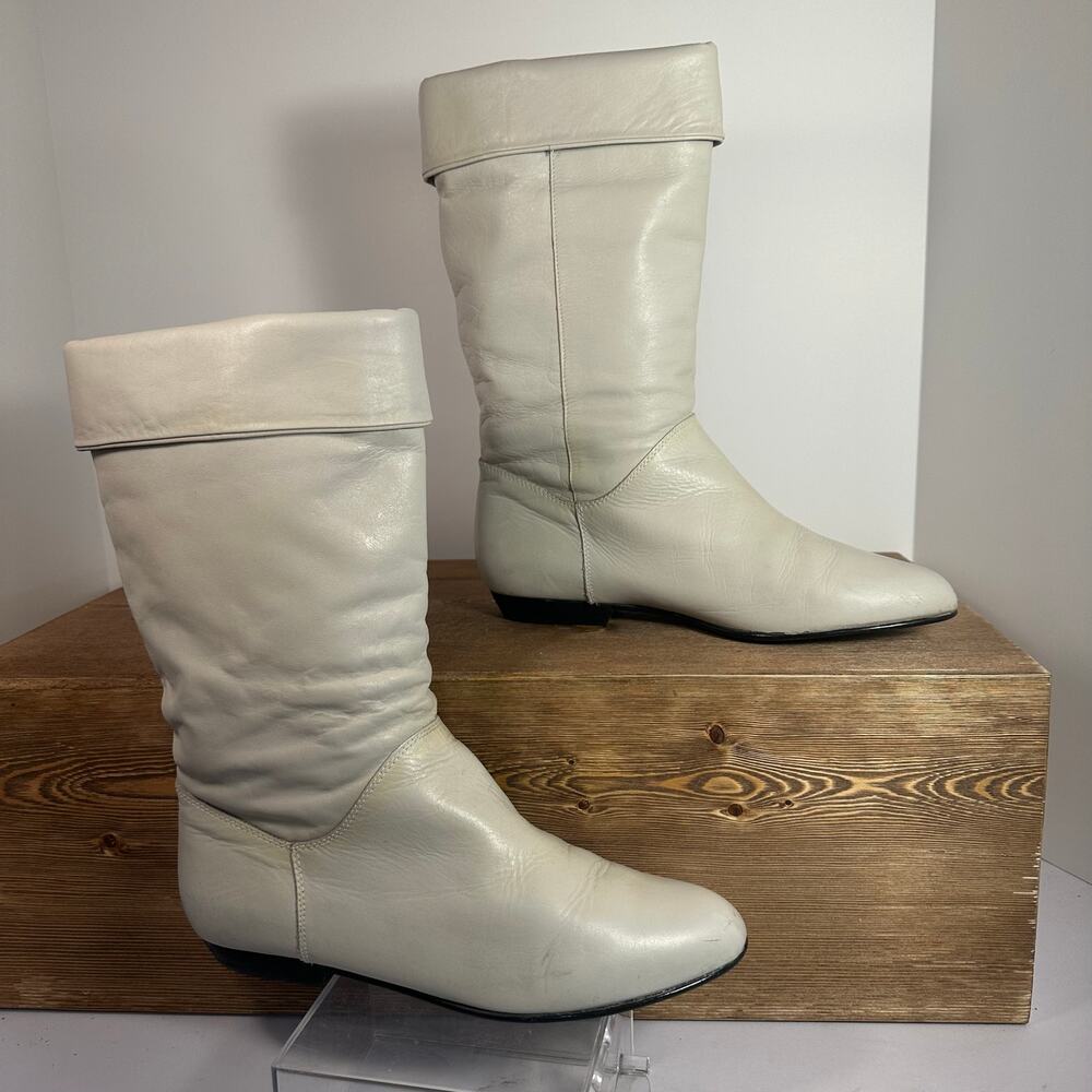 Cobbie White Leather Slouchy Boots‎ SZ 7.5 Boho Ruched Quality Brazil Retro 70s